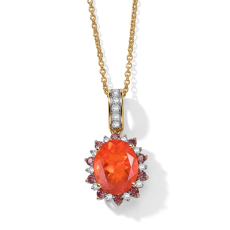 10K Yellow Gold Mexican Cherry Fire Opal and Padparadscha Sapphire and Luxuriant Lab Grown Diamond (G-H, SI) (0.15 cts) 2.20 ctw Sunset Bloom Pendant Necklace
