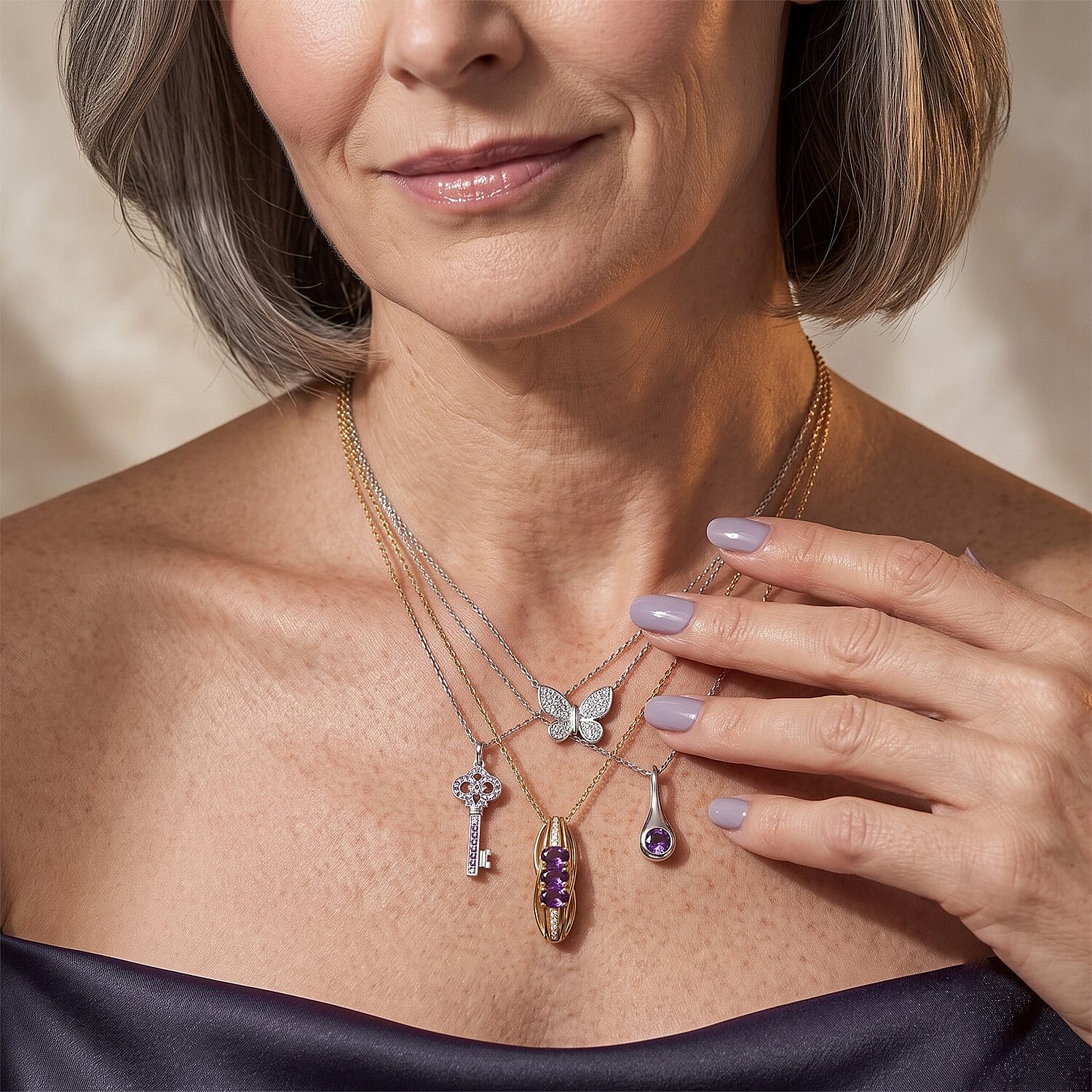 EverTrue Simulated Amethyst and Champagne Color Diamond Pendant in 18K YG Plated with iON Plated YG Stainless Steel Necklace (20 inches)