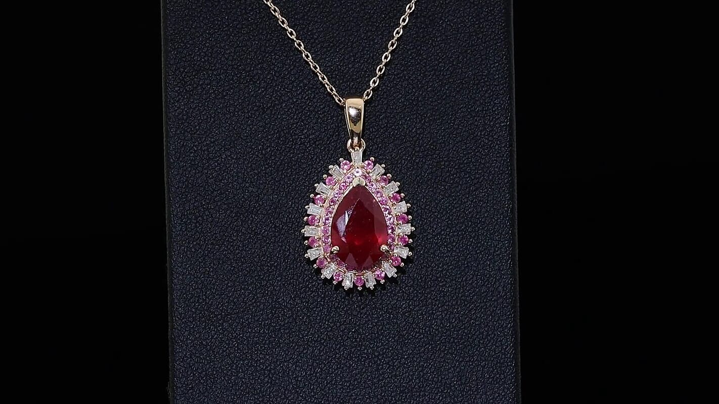 D'Joy Premium Niassa Ruby (FF), Multi Gemstone Pendant Necklace (20 Inches) in 18K Vermeil RG Over Sterling Silver 5.40 ctw