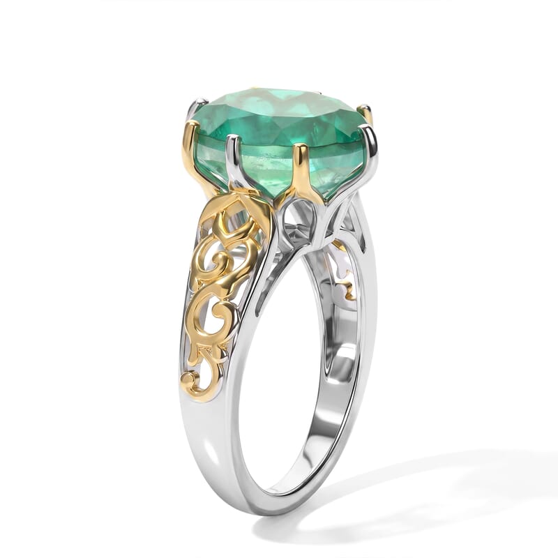 EverTrue Emeraldine Quartz (Triplet) 11.70 ctw Secret Vine Two Tone Set Earrings, Ring (Size 6) and Pendant in 18K YG Plated and Platinum Bond with Stainless Steel Necklace 20 Inches
