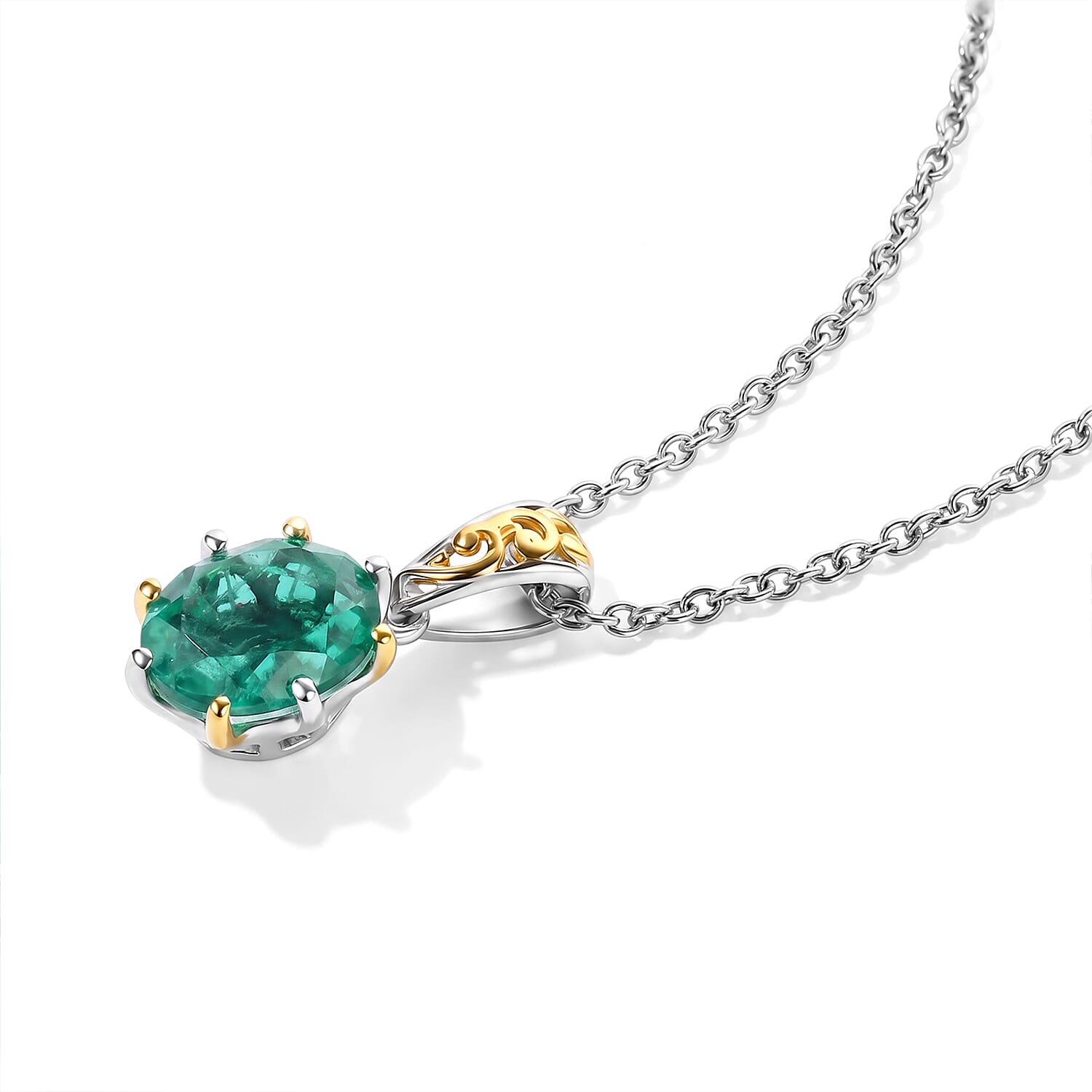 EverTrue Emeraldine Quartz (Triplet) 11.70 ctw Secret Vine Two Tone Set Earrings, Ring (Size 6) and Pendant in 18K YG Plated and Platinum Bond with Stainless Steel Necklace 20 Inches