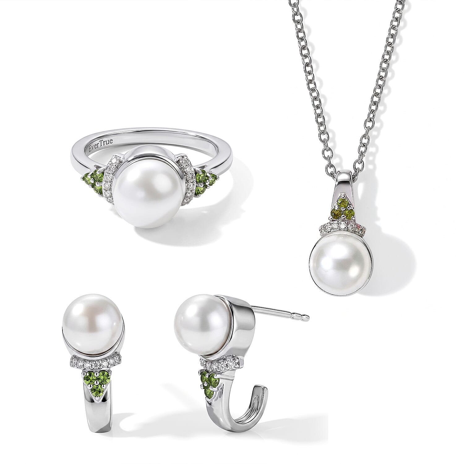 EverTrue Freshwater Pearl, Multi Gemstone 0.50 ctw Earrings, Ring (Size 5.0) and Pendant in Platinum Bond with Stainless Steel Necklace (20 Inches)