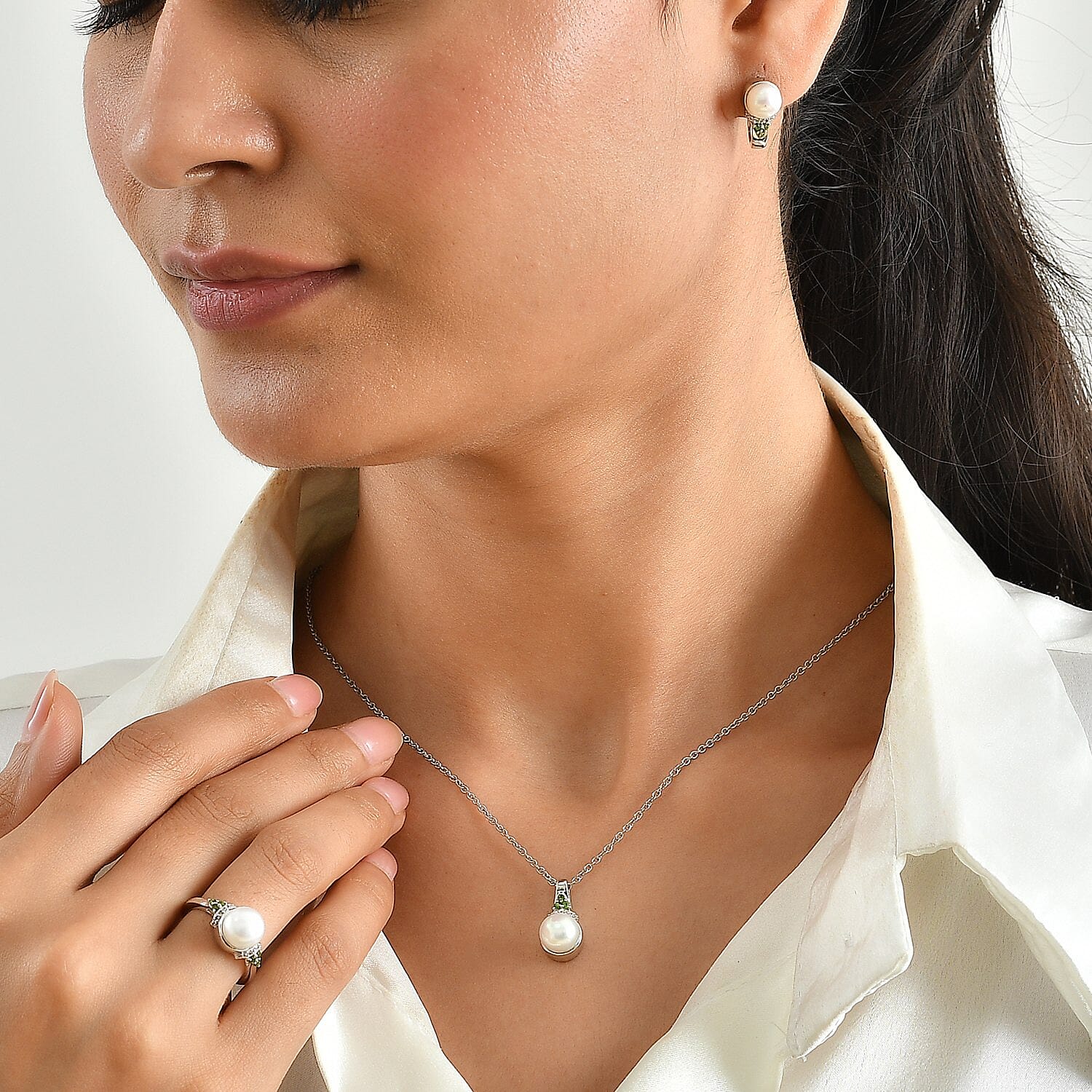 EverTrue Freshwater Pearl, Multi Gemstone 0.50 ctw Earrings, Ring (Size 5.0) and Pendant in Platinum Bond with Stainless Steel Necklace (20 Inches)