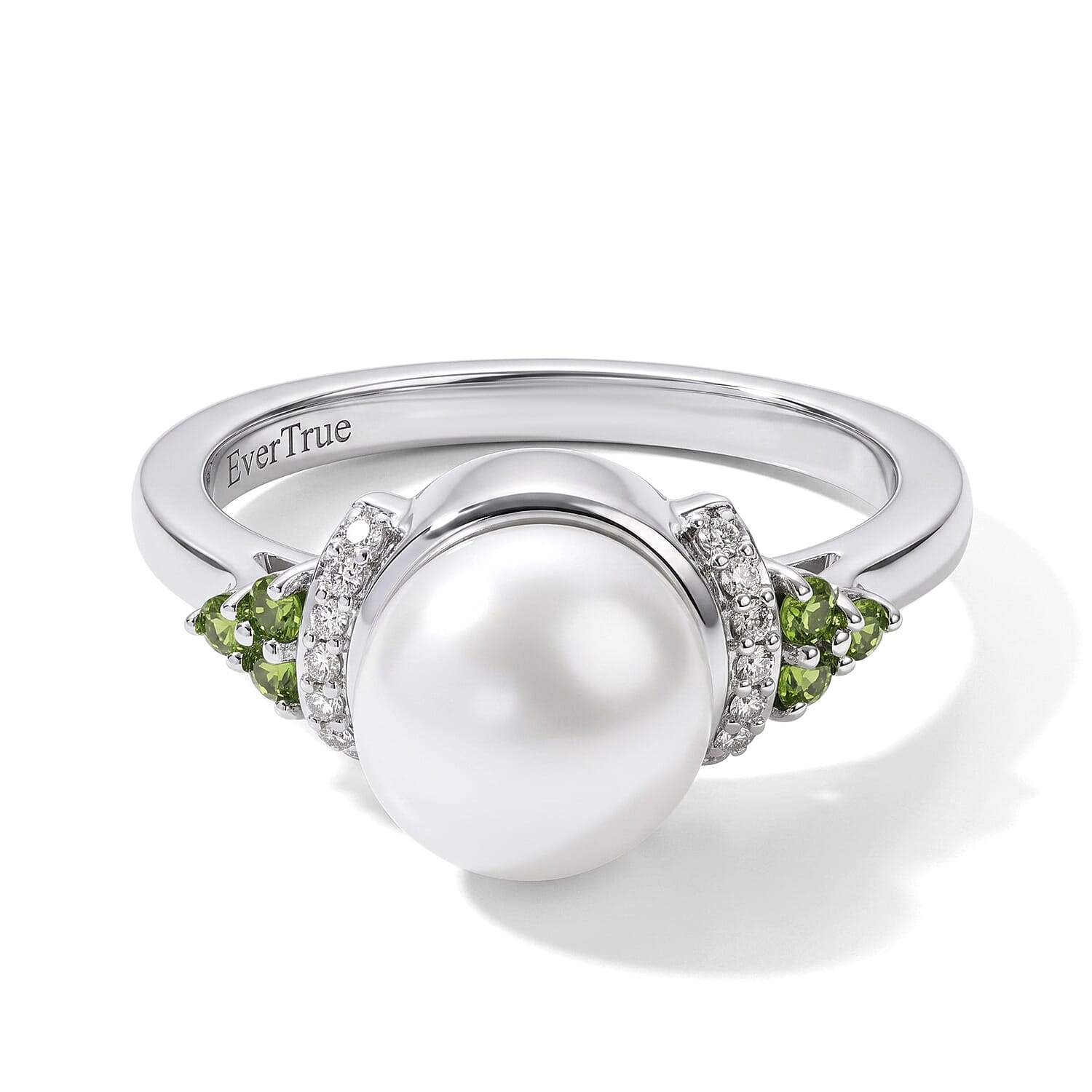 EverTrue Freshwater Pearl, Multi Gemstone 0.50 ctw Earrings, Ring (Size 5.0) and Pendant in Platinum Bond with Stainless Steel Necklace (20 Inches)