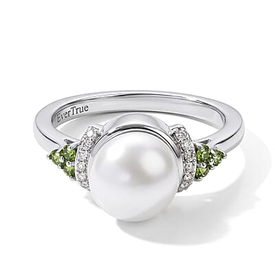 EverTrue Freshwater Pearl, Multi Gemstone 0.50 ctw Earrings, Ring (Size 5.0) and Pendant in Platinum Bond with Stainless Steel Necklace (20 Inches)