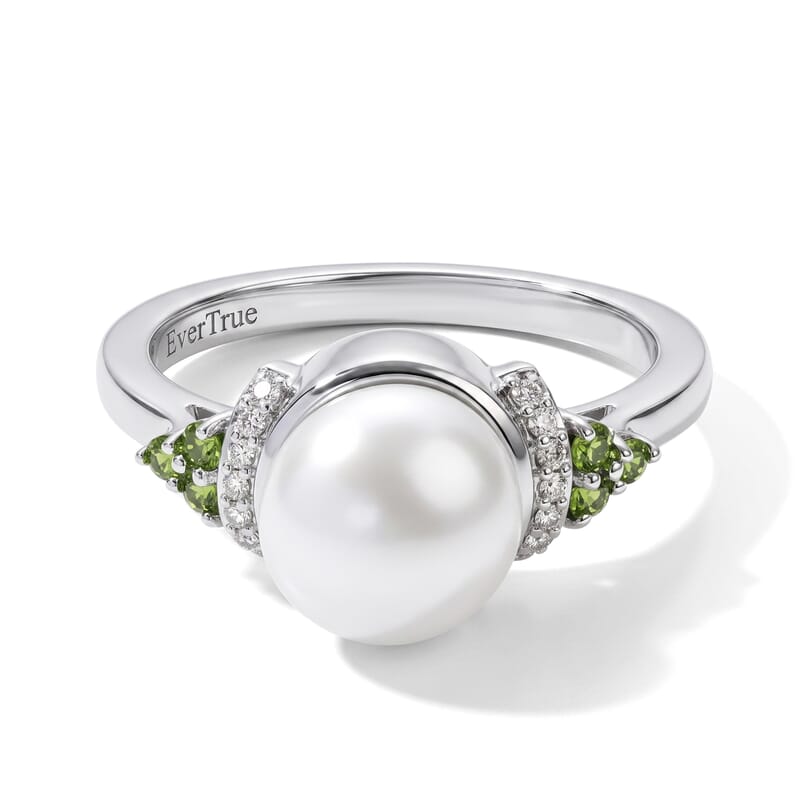 EverTrue Freshwater Pearl, Multi Gemstone 0.50 ctw Imperial Pearl Set Earrings, Ring (Size 5.0) and Pendant in Platinum Bond with Stainless Steel Necklace (20 Inches)