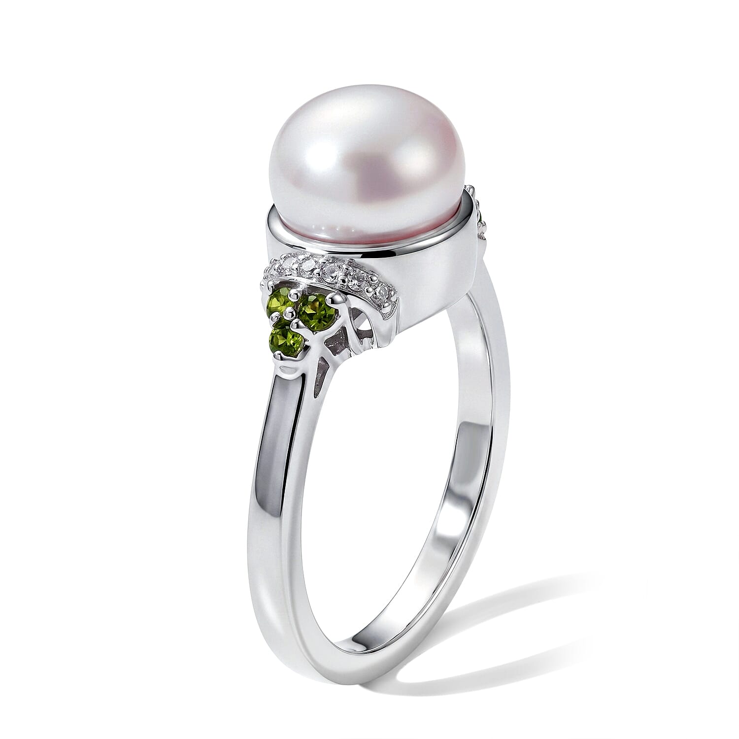 EverTrue Freshwater Pearl, Multi Gemstone 0.50 ctw Earrings, Ring (Size 5.0) and Pendant in Platinum Bond with Stainless Steel Necklace (20 Inches)