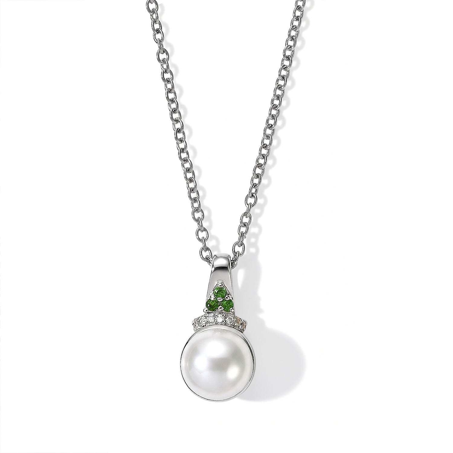 EverTrue Freshwater Pearl, Multi Gemstone 0.50 ctw Earrings, Ring (Size 5.0) and Pendant in Platinum Bond with Stainless Steel Necklace (20 Inches)