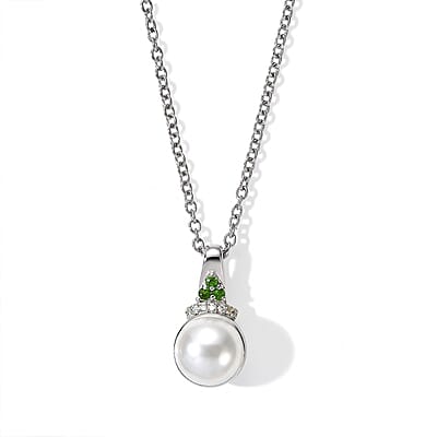 EverTrue Freshwater Pearl, Multi Gemstone 0.50 ctw Earrings, Ring (Size 5.0) and Pendant in Platinum Bond with Stainless Steel Necklace (20 Inches)