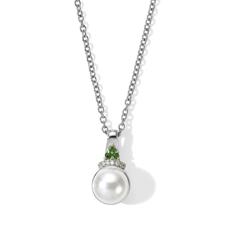 EverTrue Freshwater Pearl, Multi Gemstone 0.50 ctw Imperial Pearl Set Earrings, Ring (Size 5.0) and Pendant in Platinum Bond with Stainless Steel Necklace (20 Inches)