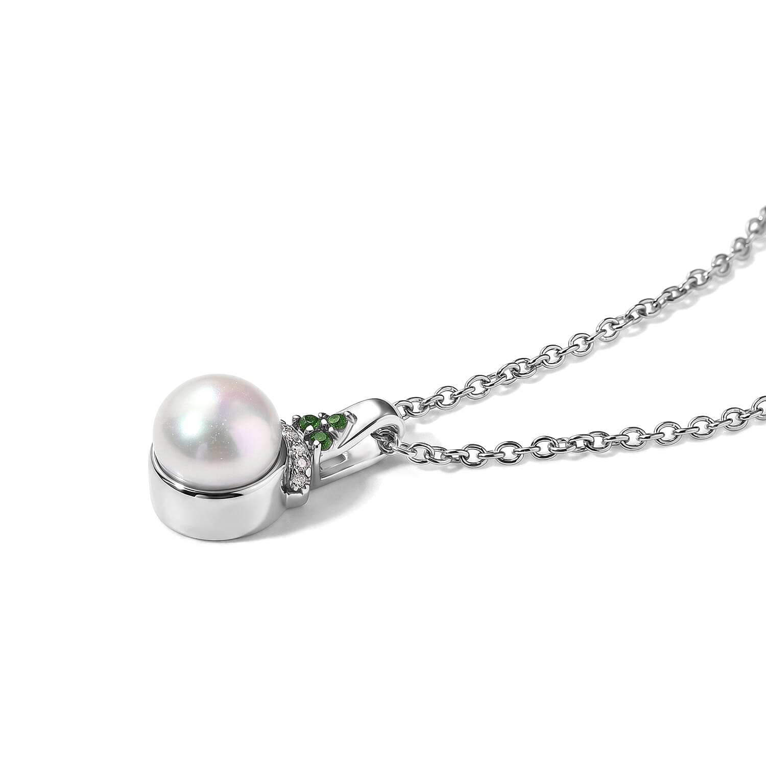 EverTrue Freshwater Pearl, Multi Gemstone 0.50 ctw Earrings, Ring (Size 5.0) and Pendant in Platinum Bond with Stainless Steel Necklace (20 Inches)