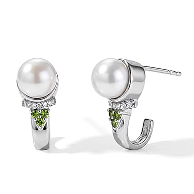 EverTrue Freshwater Pearl, Multi Gemstone 0.50 ctw Earrings, Ring (Size 5.0) and Pendant in Platinum Bond with Stainless Steel Necklace (20 Inches)