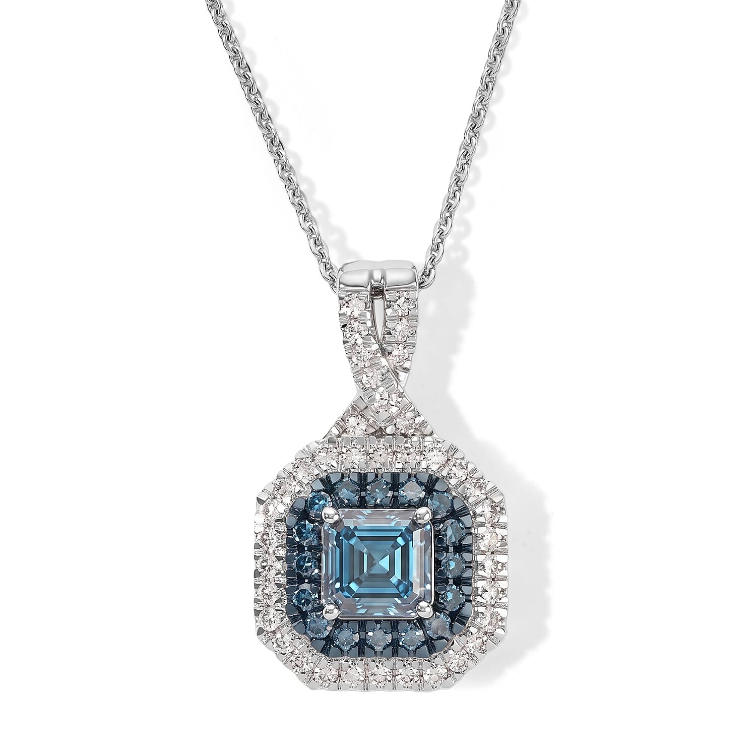 Luxuriant Asscher Cut Lab Grown Blue Diamond (IR) and Lab Grown Diamond SI 1.70 ctw Pendant Necklace in Rhodium Over Sterling Silver 20 Inches