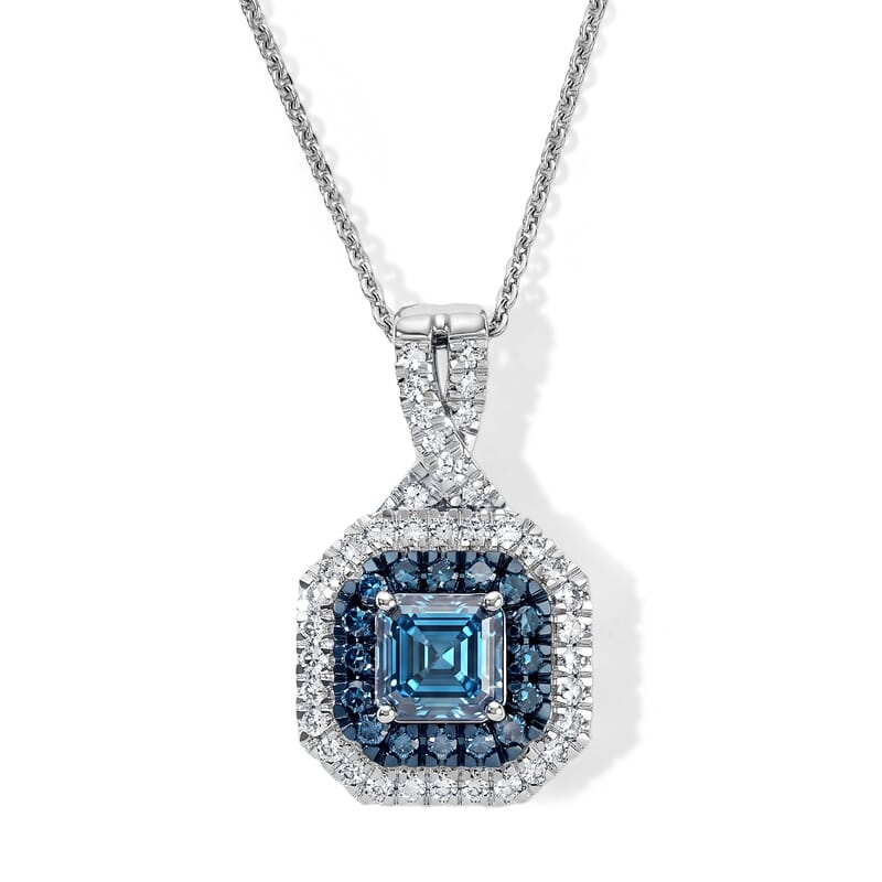 Luxuriant Asscher Cut Lab Grown Blue Diamond (IR) and Lab Grown Diamond SI 1.70 ctw Royal Halo Pendant Necklace in Rhodium Over Sterling Silver 20 Inches