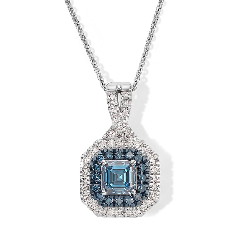 Luxuriant Asscher Cut Lab Grown Blue Diamond (IR) and Lab Grown Diamond SI 1.70 ctw Pendant Necklace in Rhodium Over Sterling Silver 20 Inches