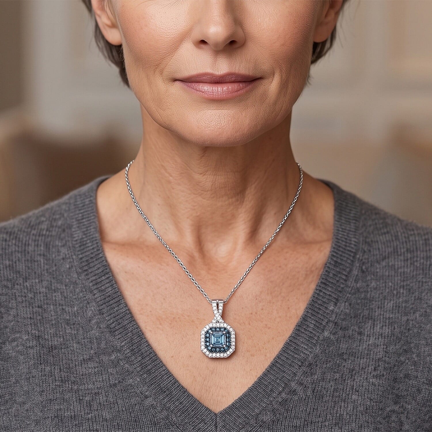 Luxuriant Asscher Cut Lab Grown Blue Diamond (IR) and Lab Grown Diamond SI 1.70 ctw Pendant Necklace in Rhodium Over Sterling Silver 20 Inches