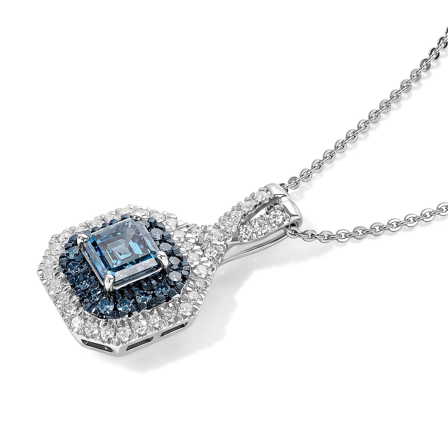 Luxuriant Asscher Cut Lab Grown Blue Diamond (IR) and Lab Grown Diamond SI 1.70 ctw Pendant Necklace in Rhodium Over Sterling Silver 20 Inches