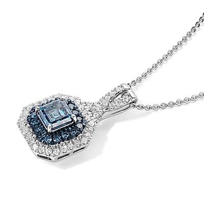 Luxuriant Asscher Cut Lab Grown Blue Diamond (IR) and Lab Grown Diamond SI 1.70 ctw Pendant Necklace in Rhodium Over Sterling Silver 20 Inches