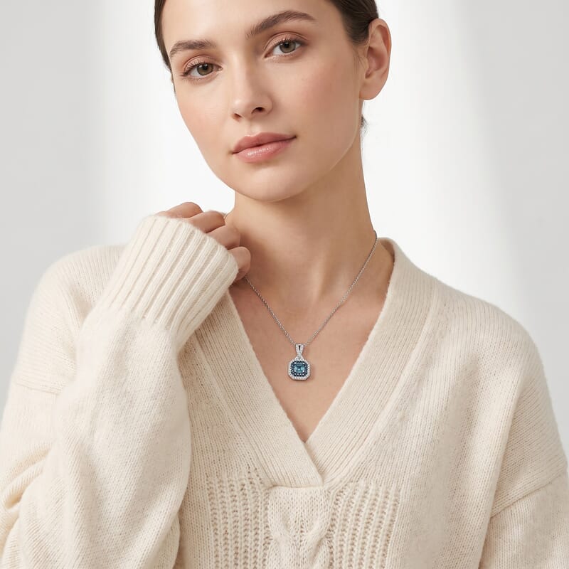 Luxuriant Asscher Cut Lab Grown Blue Diamond (IR) and Lab Grown Diamond SI 1.70 ctw Royal Halo Pendant Necklace in Rhodium Over Sterling Silver 20 Inches
