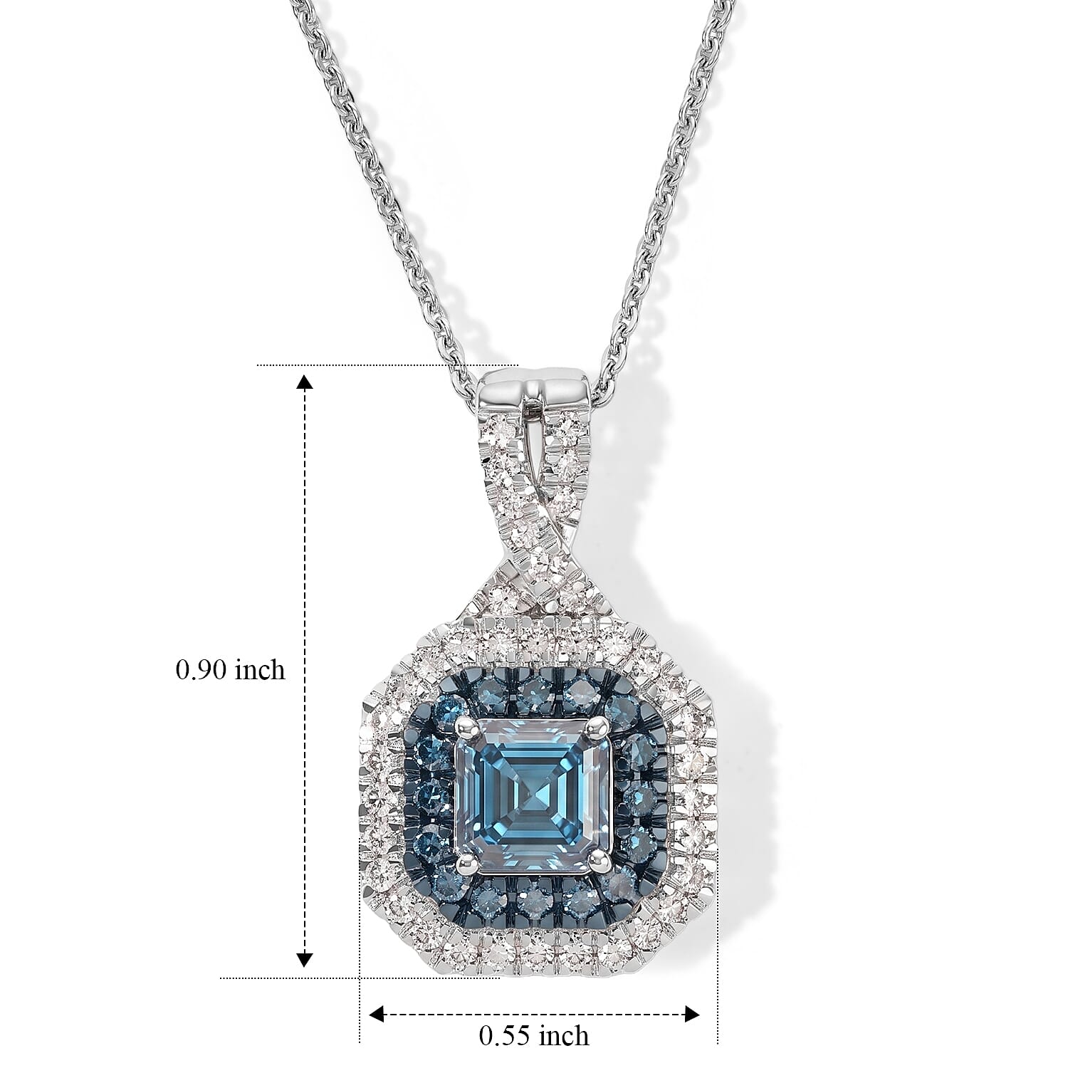 Luxuriant Asscher Cut Lab Grown Blue Diamond (IR) and Lab Grown Diamond SI 1.70 ctw Pendant Necklace in Rhodium Over Sterling Silver 20 Inches