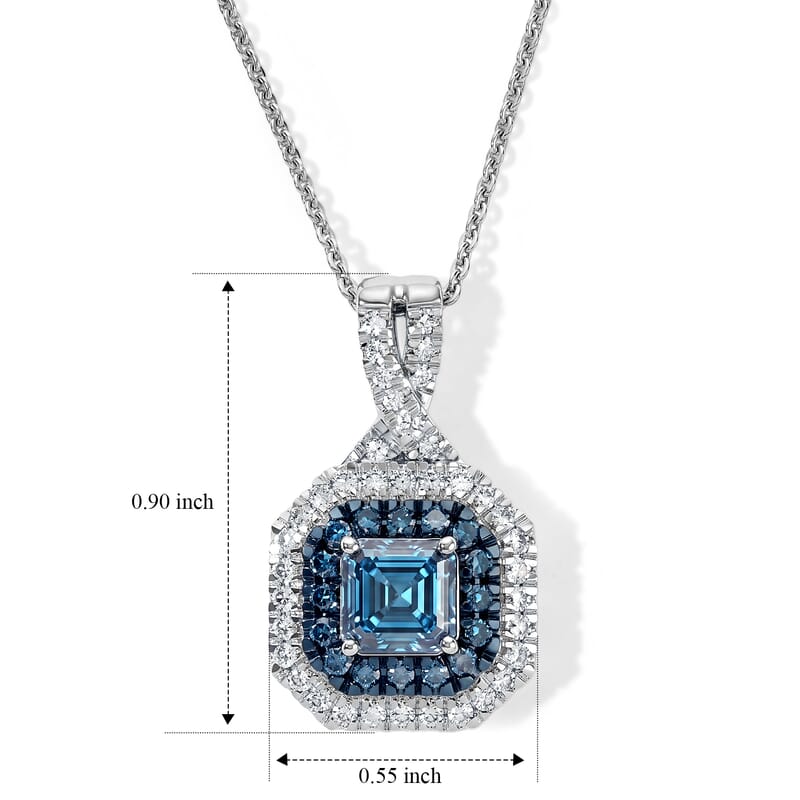 Luxuriant Asscher Cut Lab Grown Blue Diamond (IR) and Lab Grown Diamond SI 1.70 ctw Royal Halo Pendant Necklace in Rhodium Over Sterling Silver 20 Inches