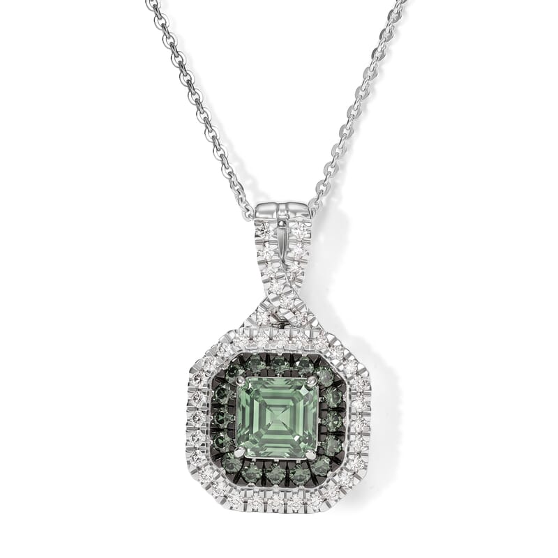 Luxuriant Asscher Cut Lab Grown Green Diamond (IR) and Lab Grown Diamond SI 1.65 ctw Royal Halo Pendant Necklace in Rhodium Over Sterling Silver 20 Inches