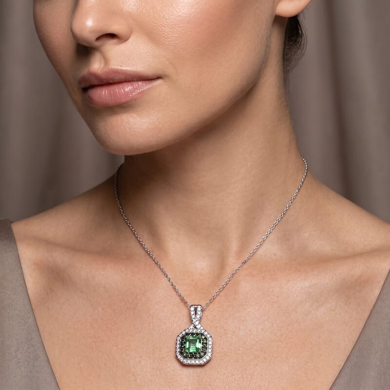 Luxuriant Asscher Cut Lab Grown Green Diamond (IR) and Lab Grown Diamond SI 1.65 ctw Royal Halo Pendant Necklace in Rhodium Over Sterling Silver 20 Inches