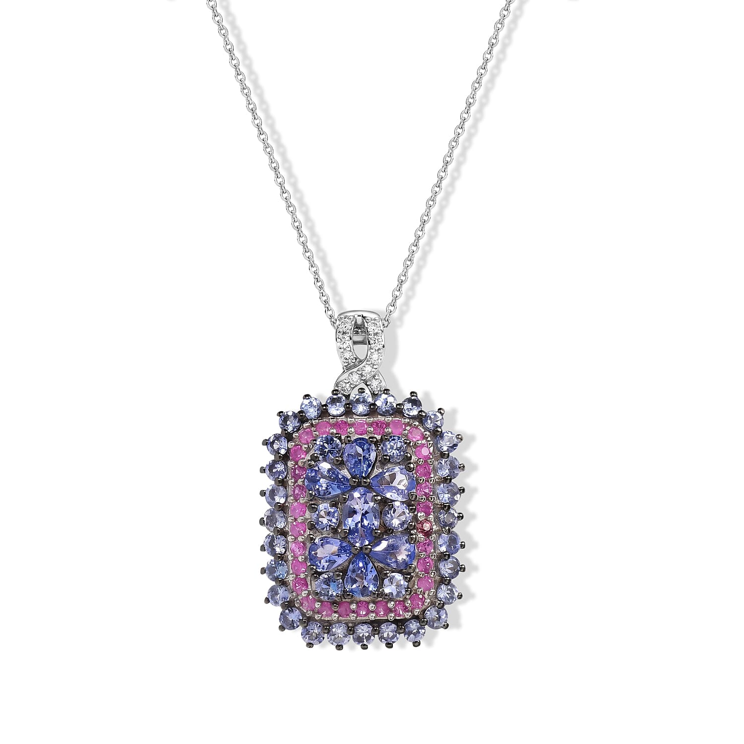 D'Joy Tanzanite and Multi Gemstone 3.80 ctw Pendant Necklace (20 Inches) in Rhodium Over Sterling Silver