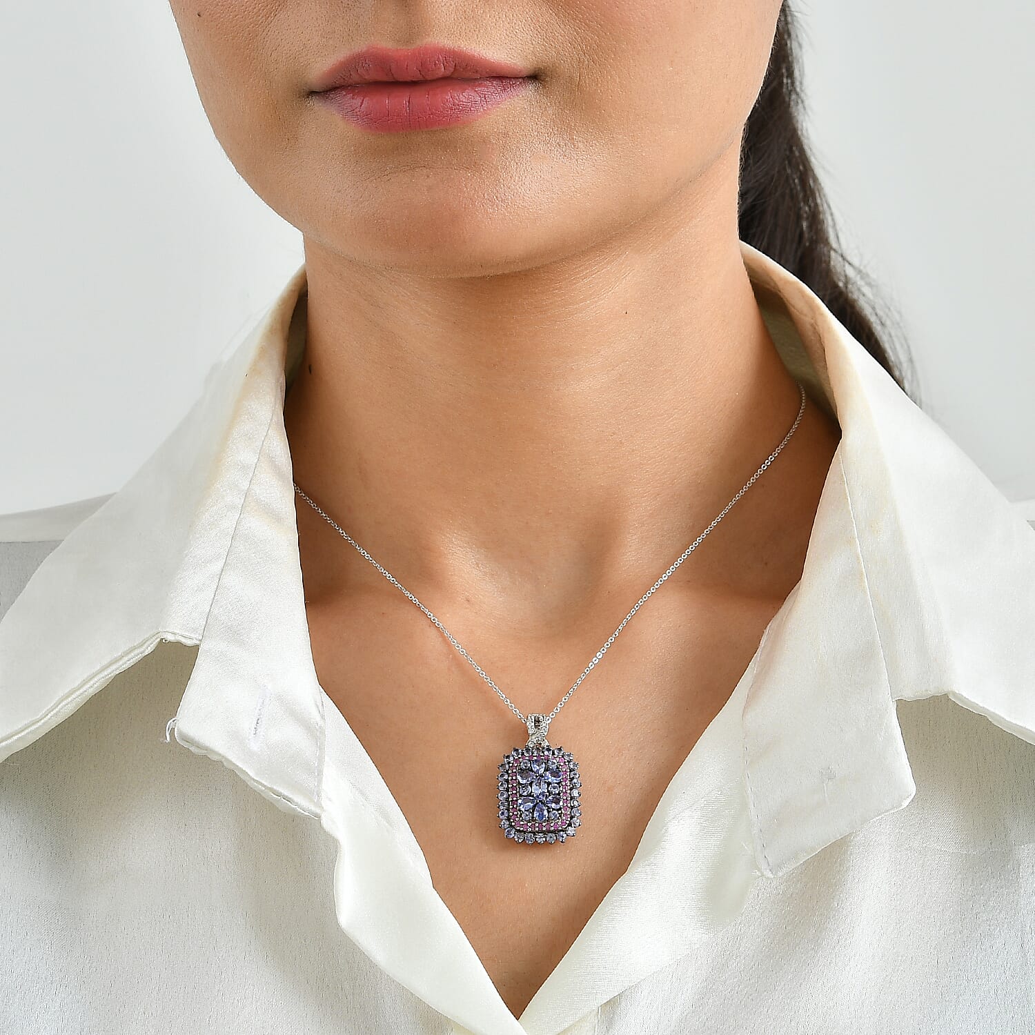 D'Joy Tanzanite and Multi Gemstone 3.80 ctw Pendant Necklace (20 Inches) in Rhodium Over Sterling Silver