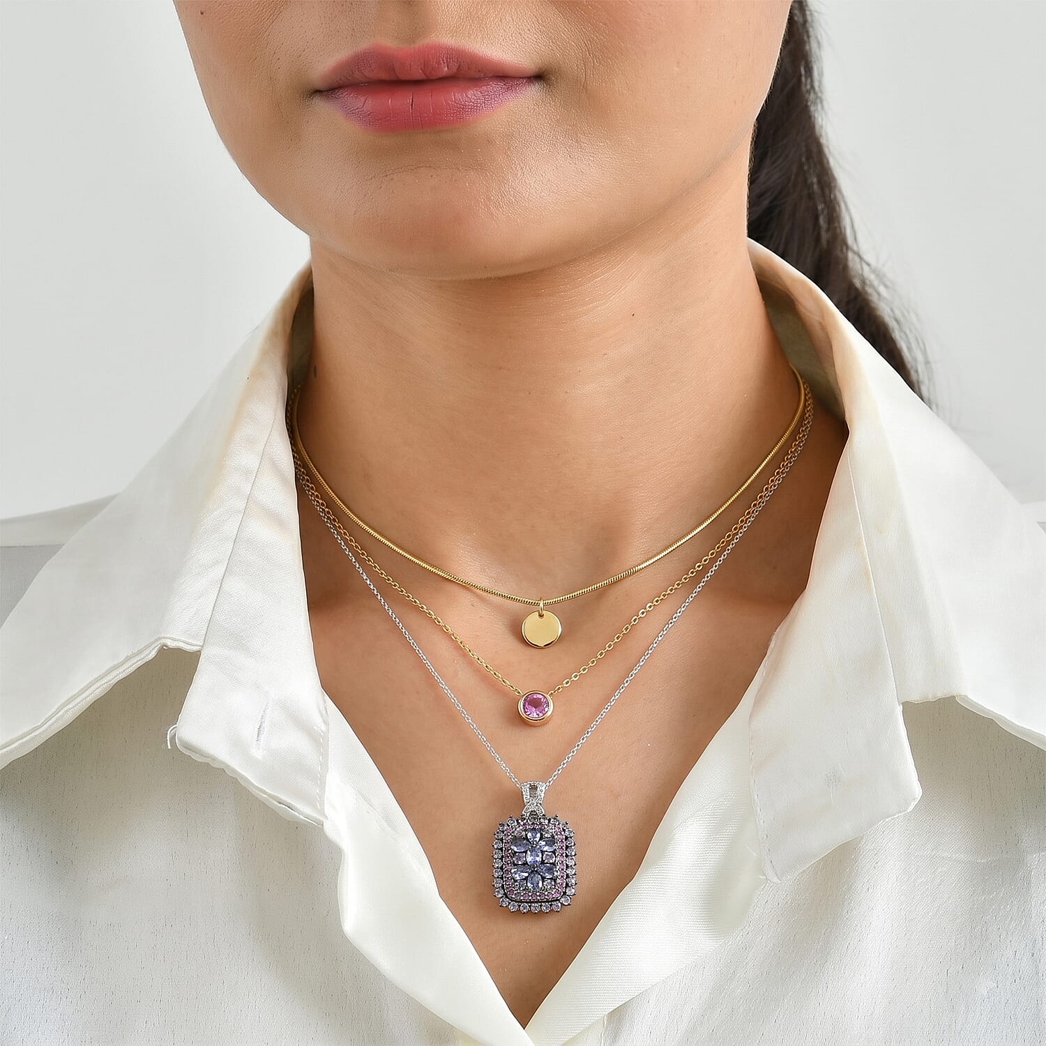 D'Joy Tanzanite and Multi Gemstone 3.80 ctw Pendant Necklace (20 Inches) in Rhodium Over Sterling Silver