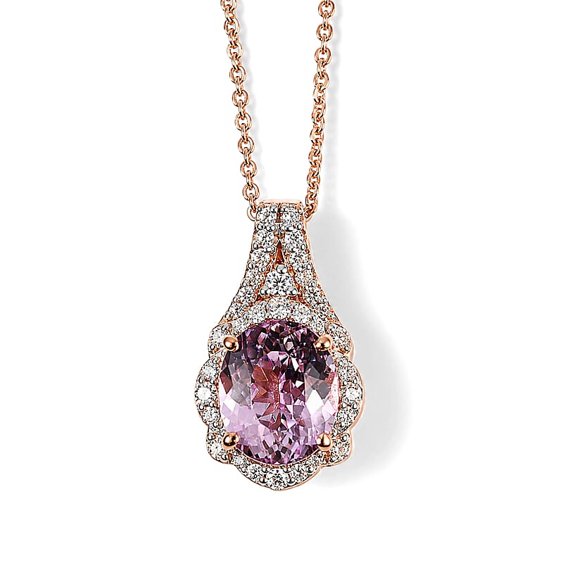D'Joy Premium Martha Rocha Kunzite and Moissanite 3.80 ctw Pendant Necklace in 18K Vermeil Rose Gold Over Sterling Silver 18 Inches