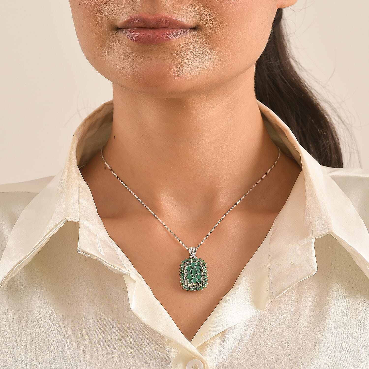 D'Joy Kagem Zambian Emerald and Multi Gemstone 3.10 ctw Regal Bloom Pendant Necklace (20 Inches) in Rhodium Over Sterling Silver
