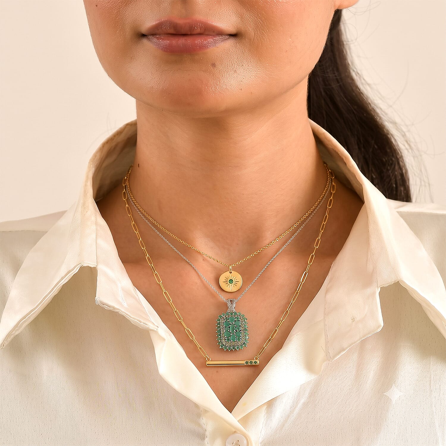 D'Joy Kagem Zambian Emerald and Multi Gemstone 3.10 ctw Regal Bloom Pendant Necklace (20 Inches) in Rhodium Over Sterling Silver