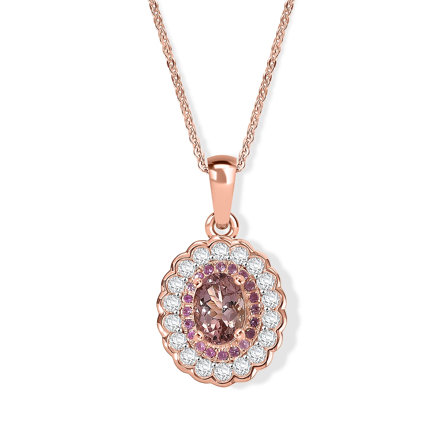 D'Joy Premium Blush Tourmaline and Multi Gemstone 1.50 ctw Blush Bloom Halo Pendant Necklace (20 Inches) in 18K Vermeil Rose Gold Over Sterling Silver