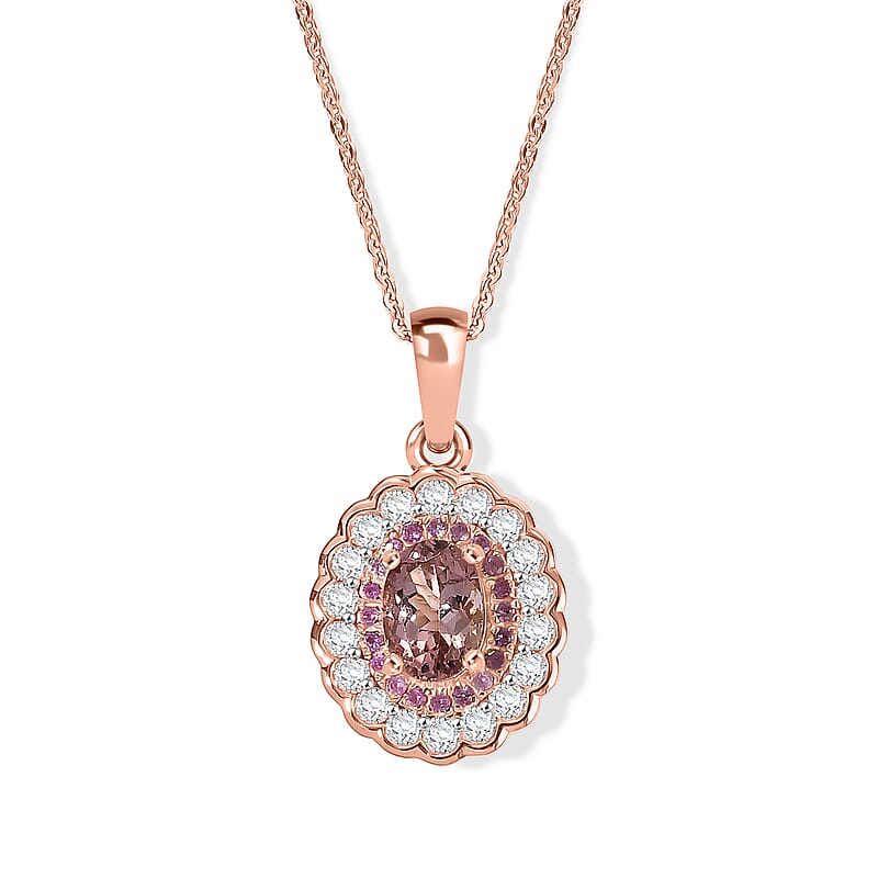 D'Joy Premium Blush Tourmaline and Multi Gemstone 1.50 ctw Blush Bloom Halo Pendant Necklace (20 Inches) in 18K Vermeil Rose Gold Over Sterling Silver