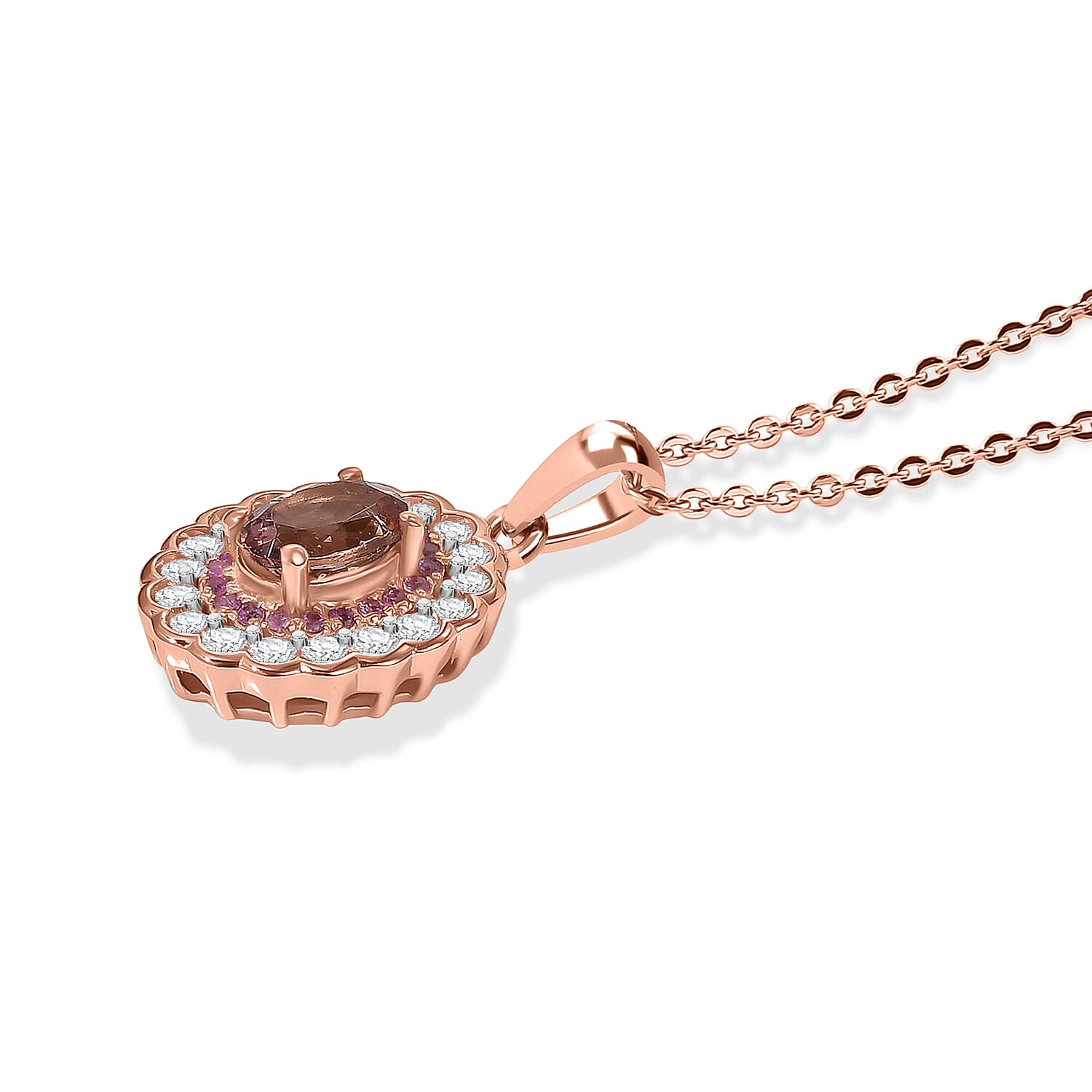 D'Joy Premium Blush Tourmaline and Multi Gemstone 1.50 ctw Blush Bloom Halo Pendant Necklace (20 Inches) in 18K Vermeil Rose Gold Over Sterling Silver