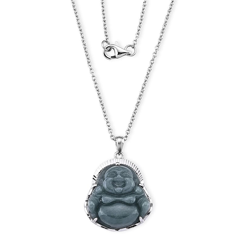 Natural Olmec Jadeite 18.00 ctw Carved Buddha Pendant Necklace (20 Inches) in Rhodium Over Sterling Silver