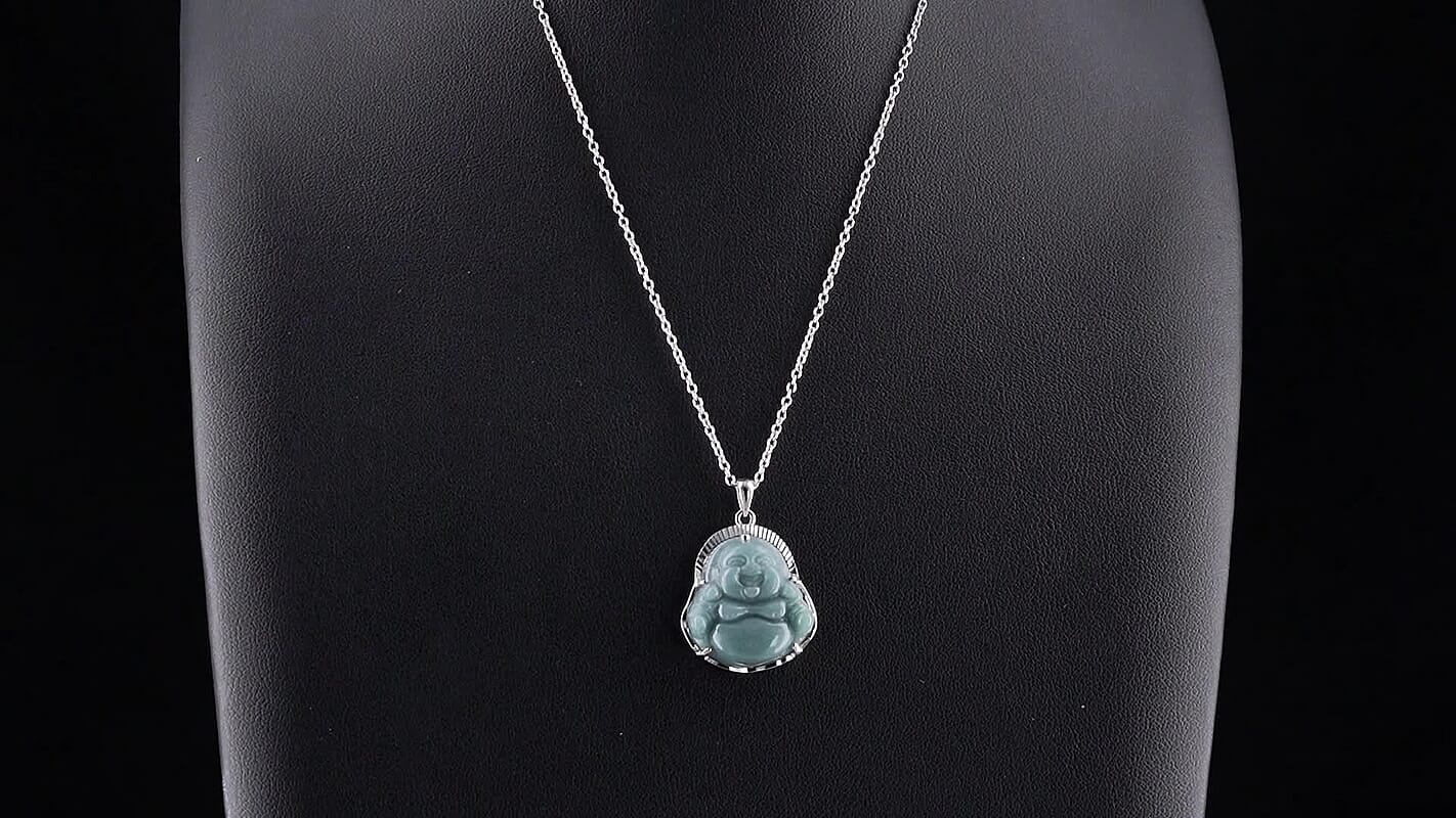 Natural Olmec Jadeite Carved Buddha Pendant Necklace (20 Inches) in Rhodium Over Sterling Silver 18.00 ctw