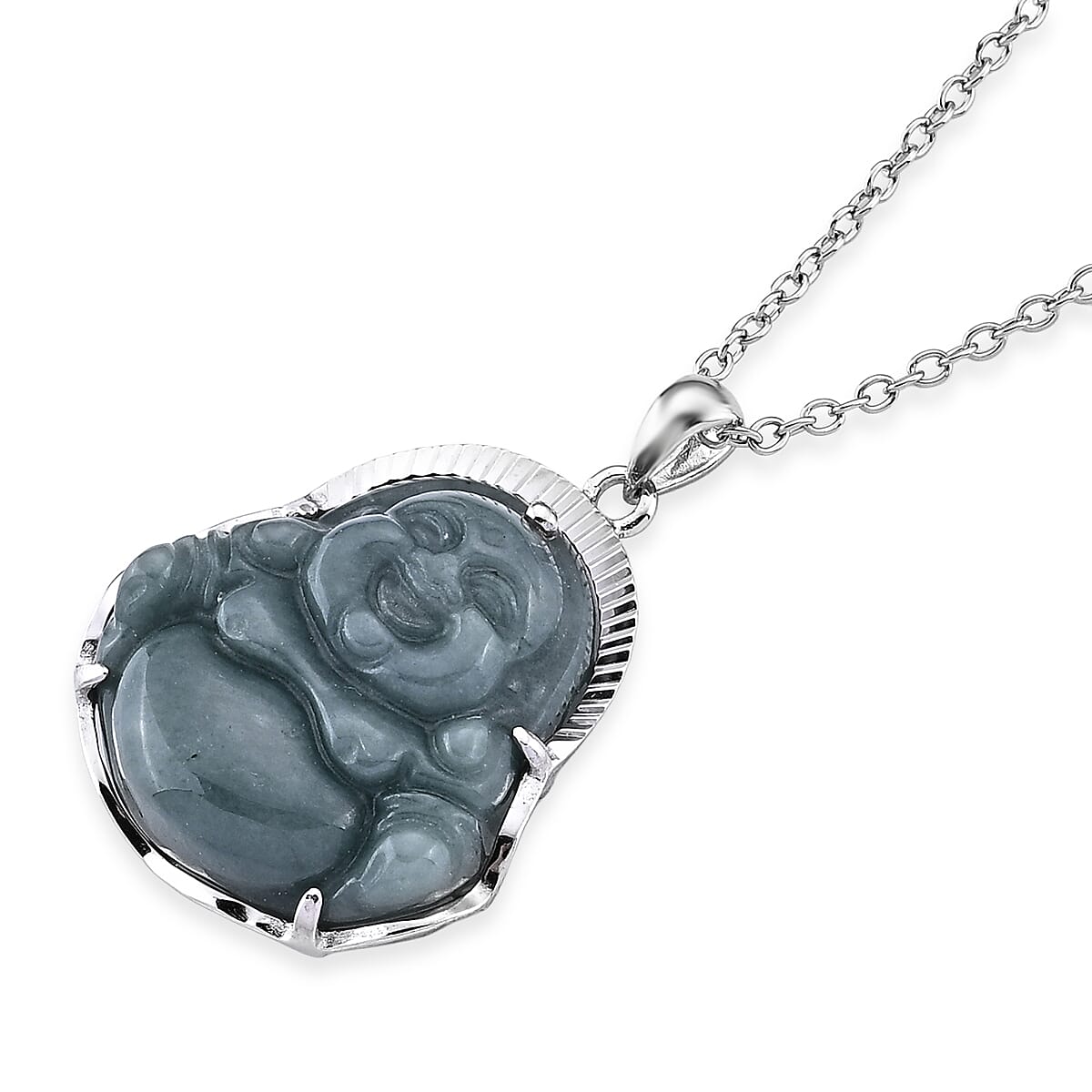 Natural Olmec Jadeite 18.00 ctw Carved Buddha Pendant Necklace (20 Inches) in Rhodium Over Sterling Silver