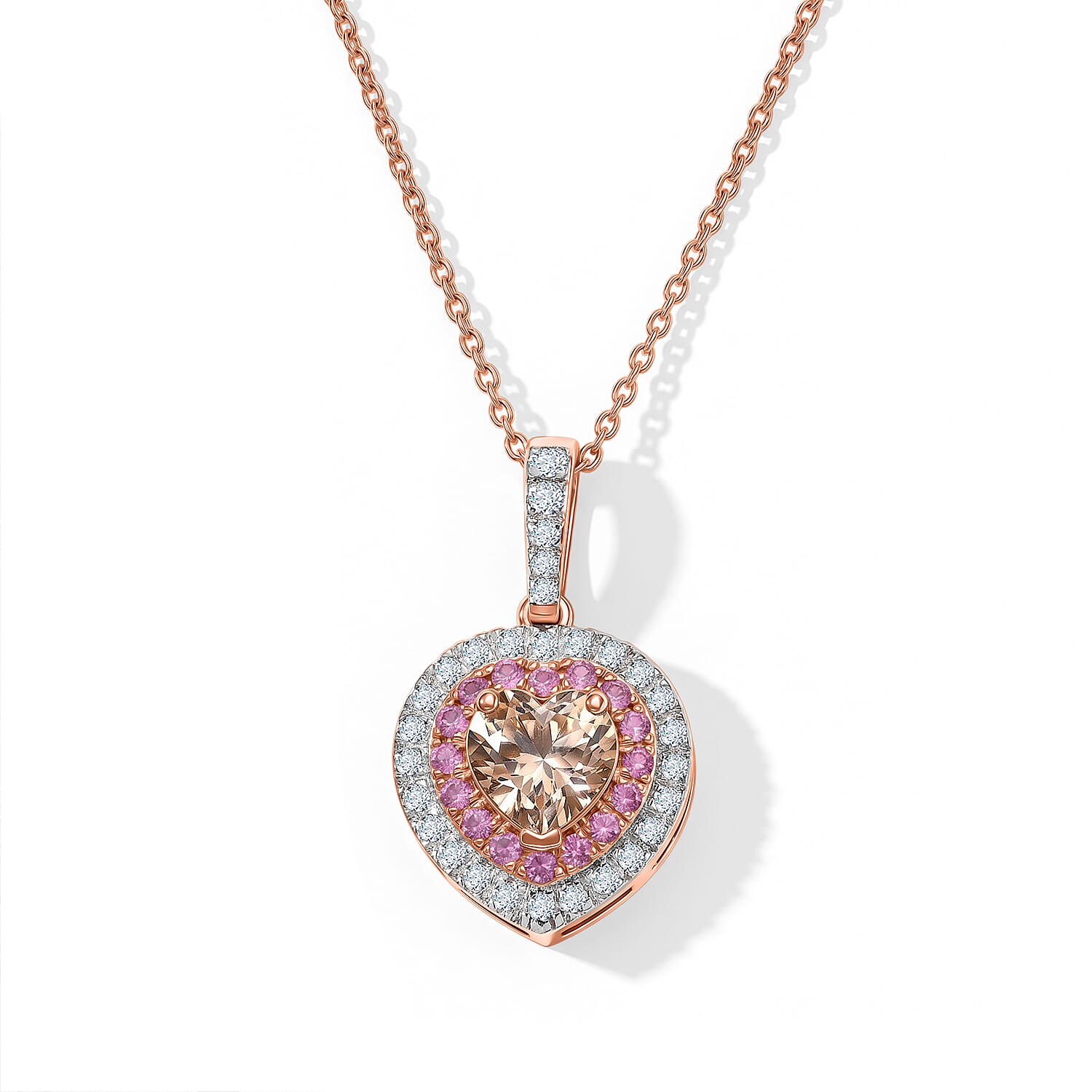 D'Joy Premium Marropino Morganite and Multi Gemstone 1.75 ctw Heart Pendant Necklace (20 Inches) in 18K Vermeil Rose Gold Over Sterling Silver