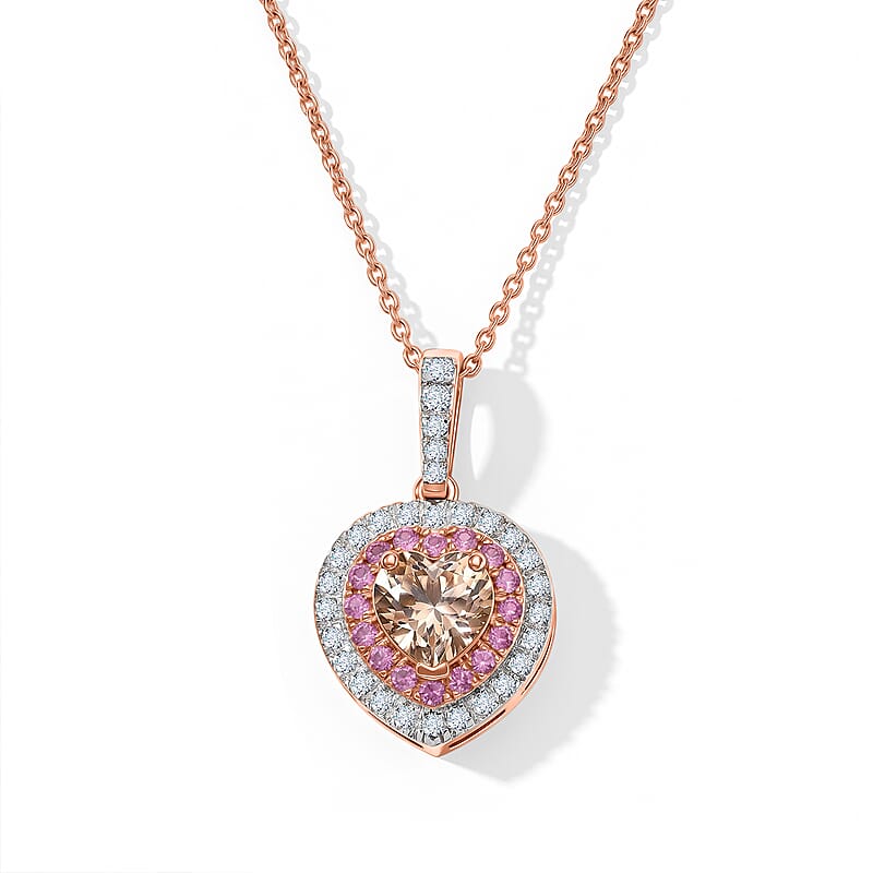 D'Joy Premium Marropino Morganite and Multi Gemstone 1.75 ctw Heart Pendant Necklace (20 Inches) in 18K Vermeil Rose Gold Over Sterling Silver