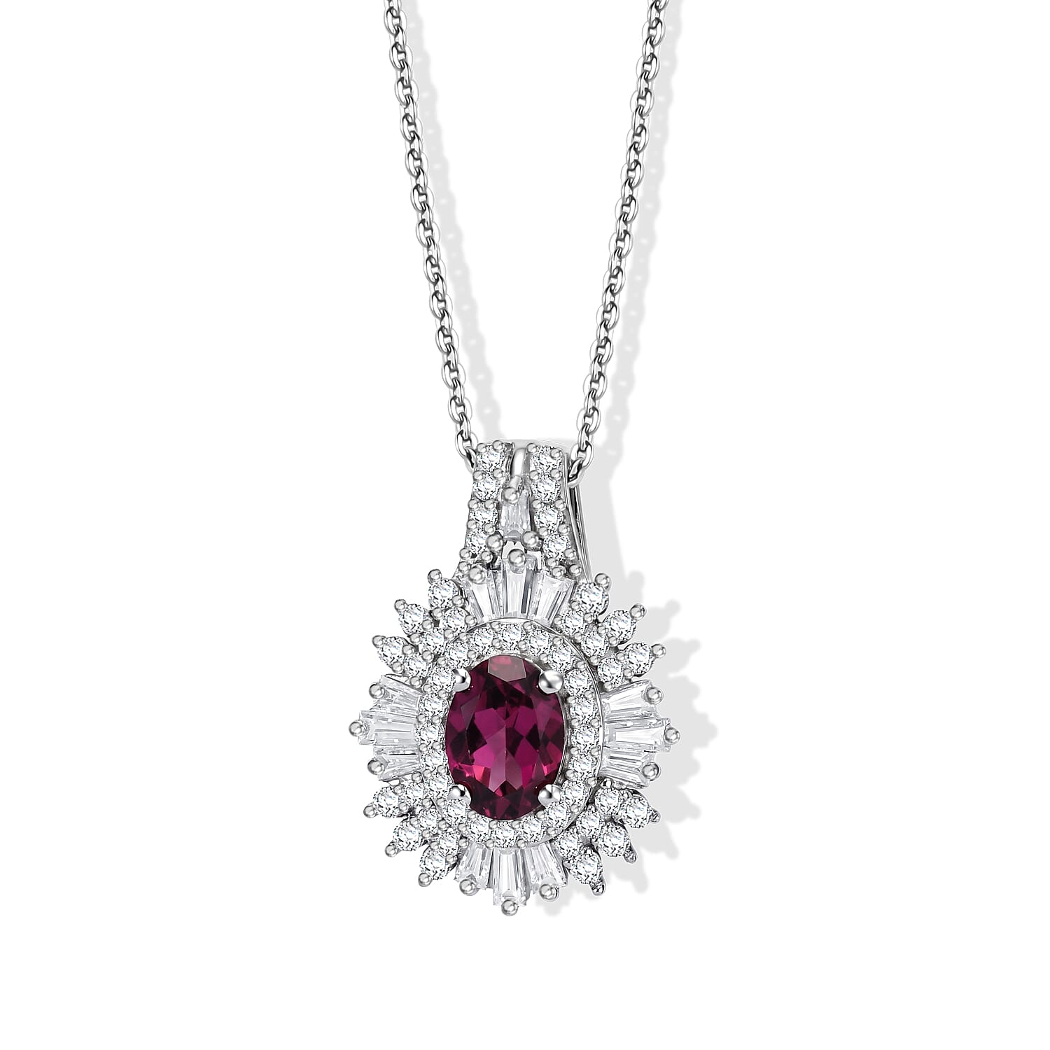 D'Joy AAA Radiant Ember Garnet and Moissanite 1.75 ctw Imperial Sunburst Pendant Necklace (20 Inches) in Rhodium Over Sterling Silver
