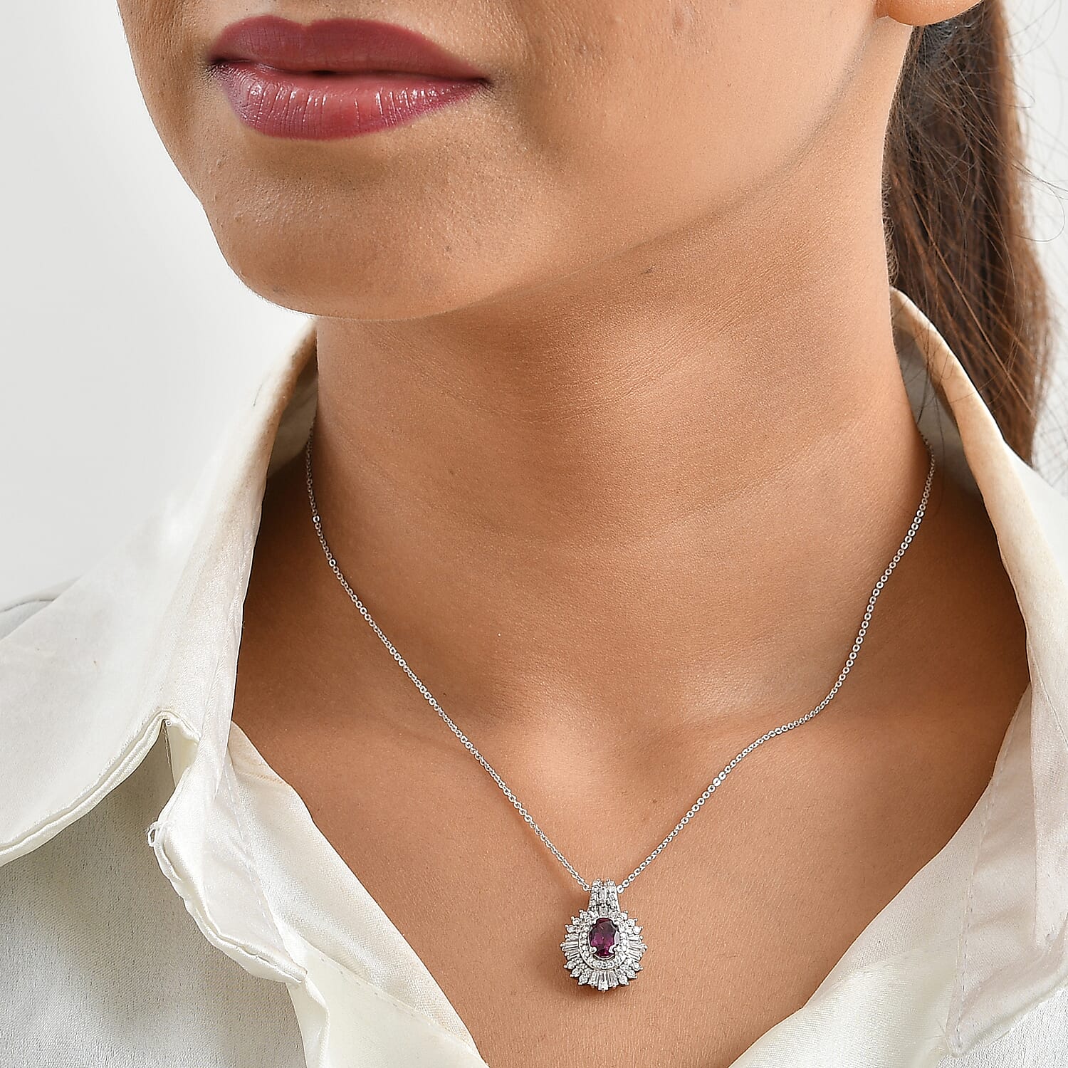 D'Joy AAA Radiant Ember Garnet and Moissanite 1.75 ctw Imperial Sunburst Pendant Necklace (20 Inches) in Rhodium Over Sterling Silver