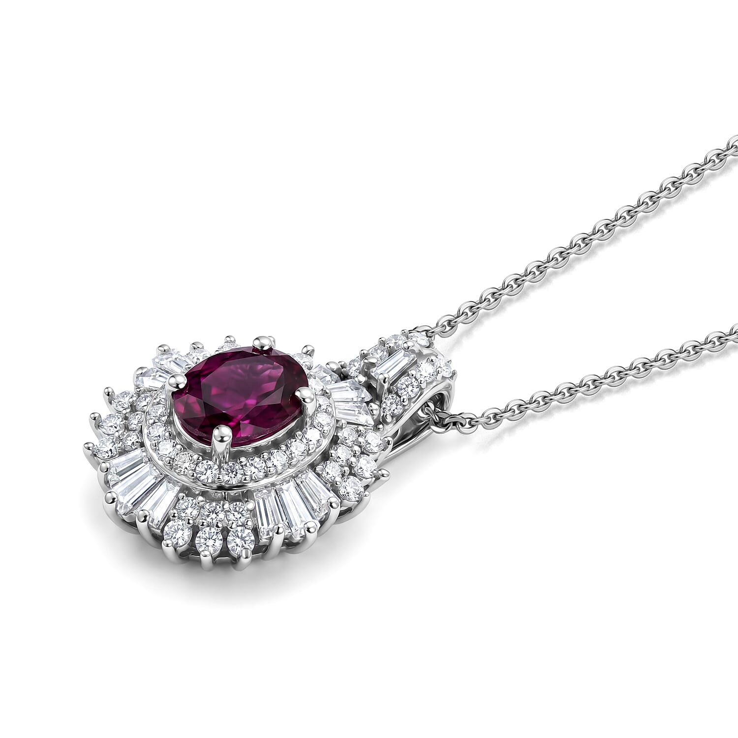 D'Joy AAA Radiant Ember Garnet and Moissanite 1.75 ctw Imperial Sunburst Pendant Necklace (20 Inches) in Rhodium Over Sterling Silver