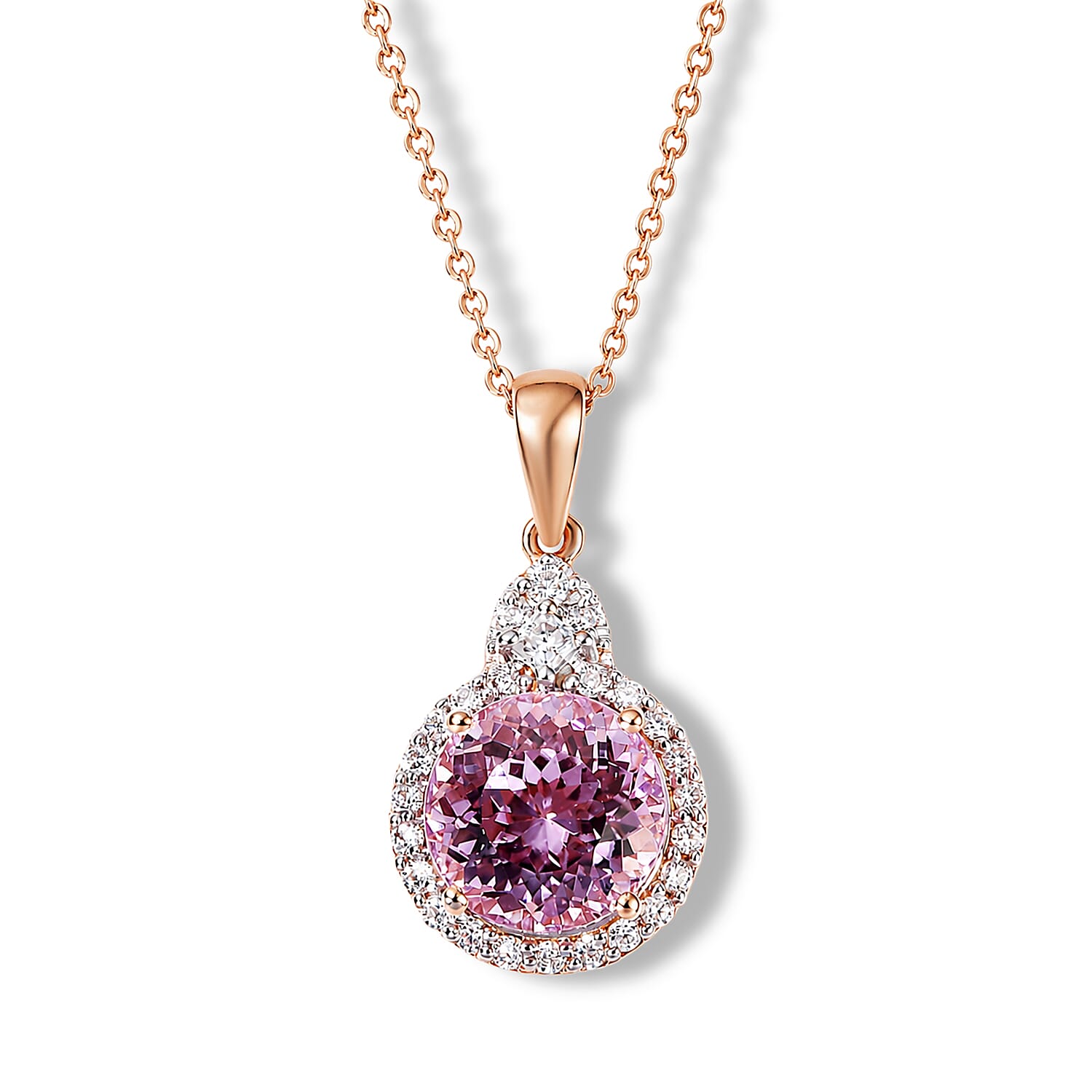 D'Joy Premium Martha Rocha Kunzite and Moissanite 3.90 ctw Pendant Necklace in 18K Vermeil Rose Gold Over Sterling Silver 18 Inches