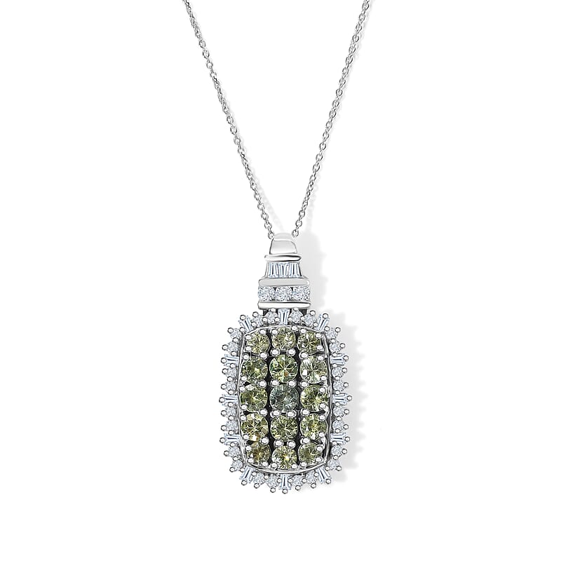 D'Joy Montana Sapphire and Moissanite 3.60 ctw Midnight Mosaic Pendant Necklace in Rhodium Over Sterling Silver 20 Inches