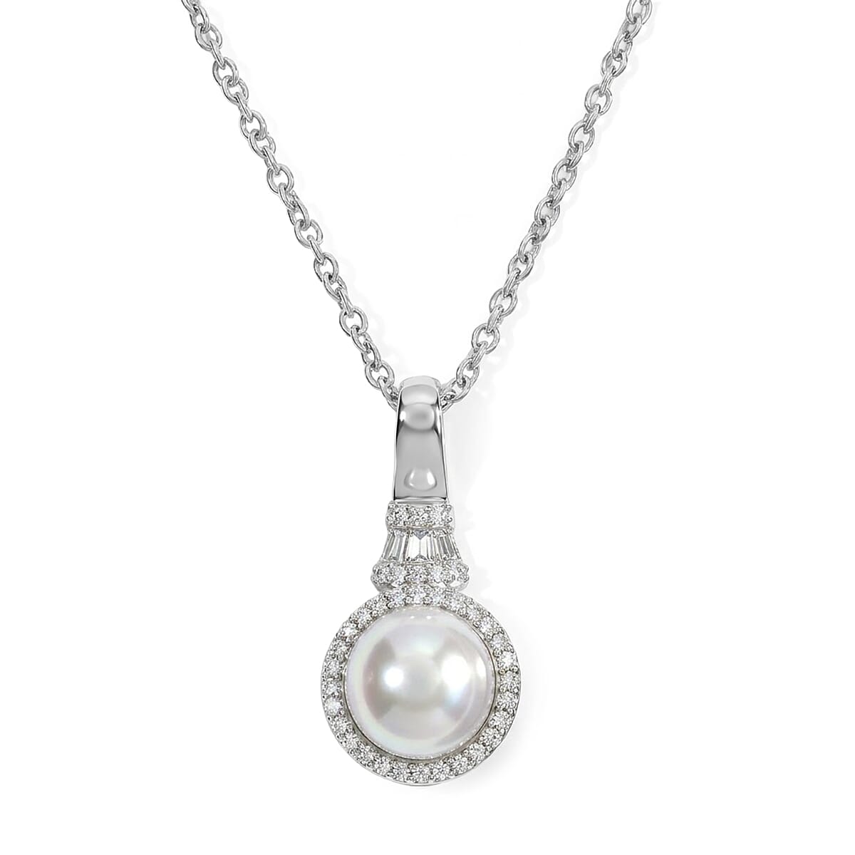 EverTrue Freshwater Pearl and Moissanite 0.20 ctw Pendant in Platinum Bond with Stainless Steel Necklace (20 Inches)