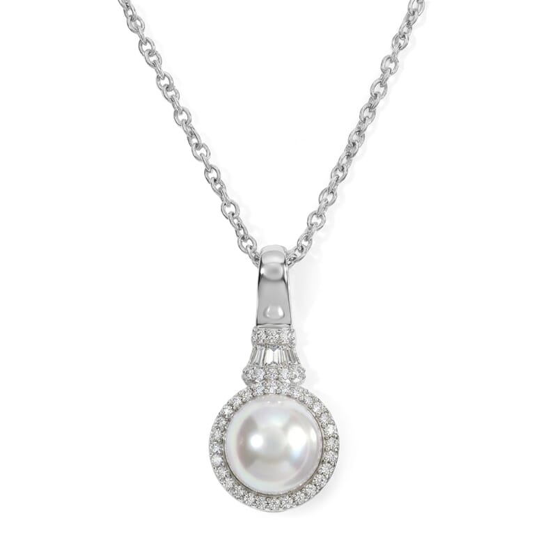 EverTrue Freshwater Pearl and Moissanite 0.20 ctw Grace Pendant in Platinum Bond with Stainless Steel Necklace (20 Inches)