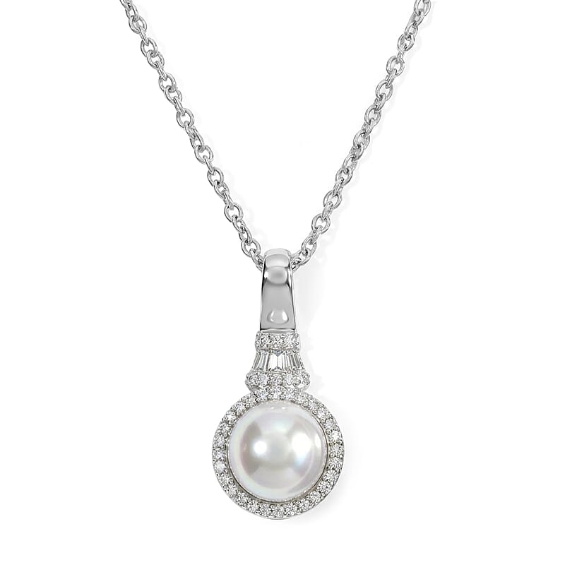 EverTrue Freshwater Pearl and Moissanite 0.20 ctw Pendant in Platinum Bond with Stainless Steel Necklace (20 Inches)