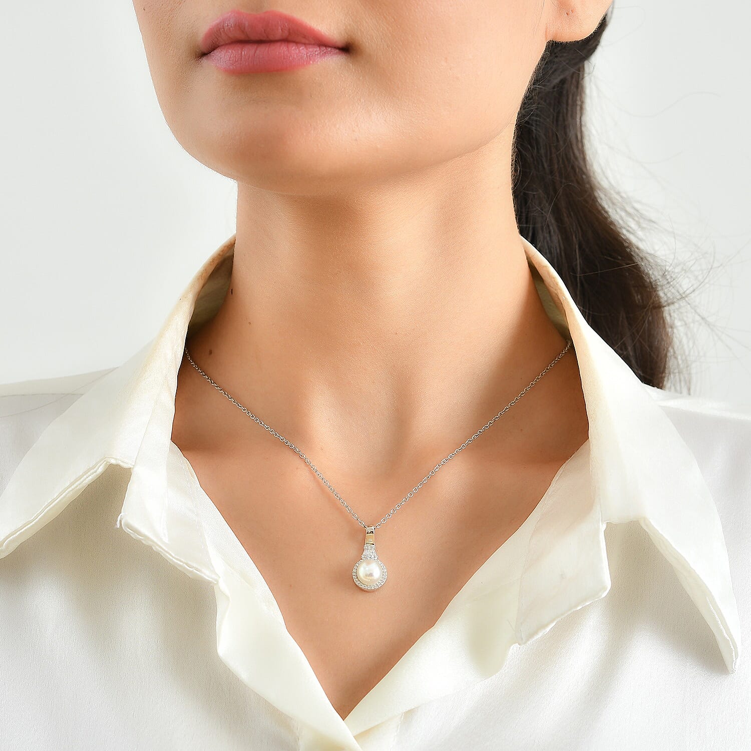 EverTrue Freshwater Pearl and Moissanite 0.20 ctw Pendant in Platinum Bond with Stainless Steel Necklace (20 Inches)
